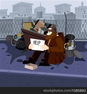 Homeless sad poor person male character beg help money near the garbage containers. The poor homeless man asks for help from iron trash cans. City background. Vector isolated cartoon style