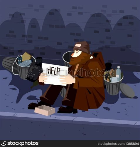 Homeless sad poor person male character beg help money near the garbage containers. Homeless sad poor person male character beg help money near the garbage containers. Streetscape background. Vector isolated cartoon style