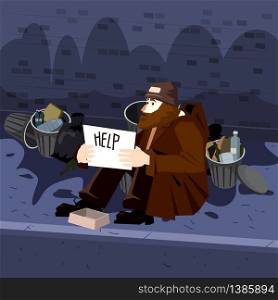 Homeless sad poor person male character beg help money near the garbage containers. Homeless sad poor person male character beg help money near the garbage containers. Streetscape background. Vector isolated cartoon style