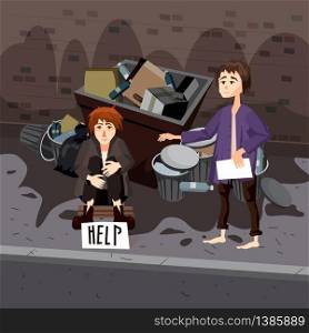 Homeless sad poor person young children kids beggars wearing dirty clothes character. Homeless sad poor person young children kids beggars wearing dirty clothes character beg help money near the garbage containers. Streetscape background. Vector isolated cartoon style
