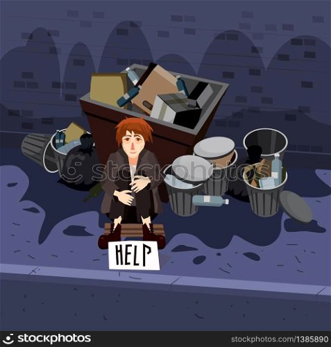 Homeless sad poor person young children kids beggars wearing dirty clothes character. Homeless sad poor person young children kids beggars wearing dirty clothes character beg help money near the garbage containers. Streetscape background. Vector isolated cartoon style