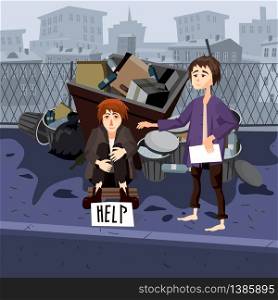 Homeless sad poor person young children kids beggars wearing dirty clothes character. Homeless sad poor person young children kids beggars wearing dirty clothes character beg help money near the garbage containers. Cityscape background. Vector isolated cartoon style