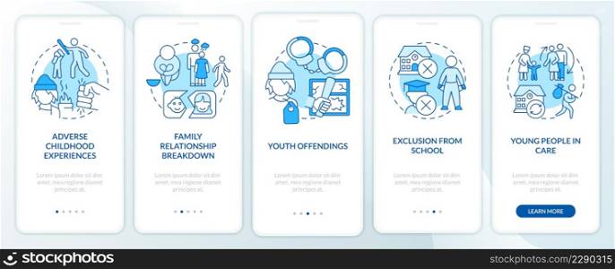 Homelessness among young people blue onboarding mobile app screen. Walkthrough 5 steps graphic instructions pages with linear concepts. UI, UX, GUI template. Myriad Pro-Bold, Regular fonts used. Homelessness among young people blue onboarding mobile app screen