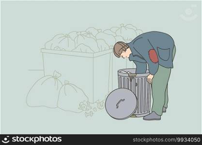 Homelessness and poverty concept. Homeless unemployed man in torn shabby clothes cartoon character searching for food in trash can on streets outdoors vector illustration. Homelessness and poverty concept
