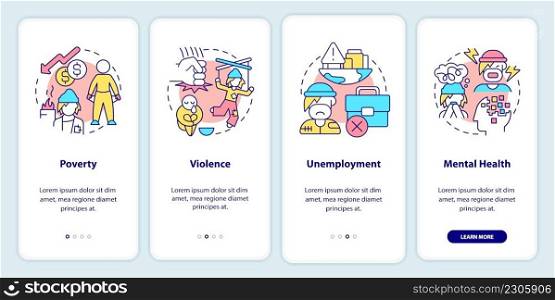 Homelessness factors onboarding mobile app screen. Poverty and violence walkthrough 4 steps graphic instructions pages with linear concepts. UI, UX, GUI template. Myriad Pro-Bold, Regular fonts used. Homelessness factors onboarding mobile app screen
