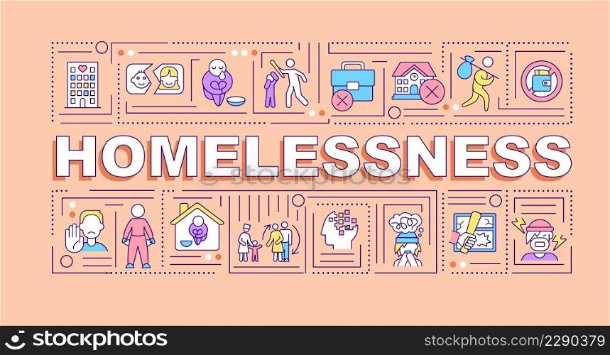 Homelessness word concepts terracotta banner. Experiencing hunger and abuse. Infographics with icons on color background. Isolated typography. Vector illustration with text. Arial-Black font used. Homelessness word concepts terracotta banner