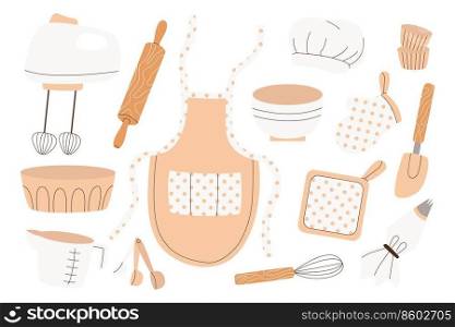 Homemade bakery, cooking, kitchenware set. Kitchen, baking utensils, supplies, tools, equipment, cutlery, food preparation equipment. Mixer, apron,whisk, forms, scapula. Flat vector illustrations.