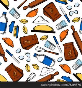 Homemade baking ingredients and utensil seamless pattern with flour and milk, eggs and butter, dough and rolling pins, whisks and knives. Baking ingredients and utensil pattern