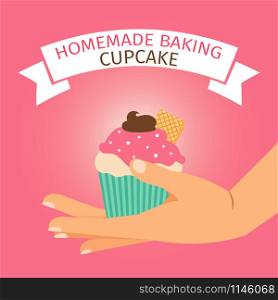 Homemade baking vector illustration with cute pink cupcake. Homemade baking illustration with pink cupcake
