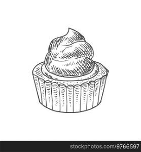 Homemade buttercream cake muffin and whipped cream isolated sketch. Vector sweet dessert bakery food, cupcake. Cupcake with whipped cream isolated sketch drawing