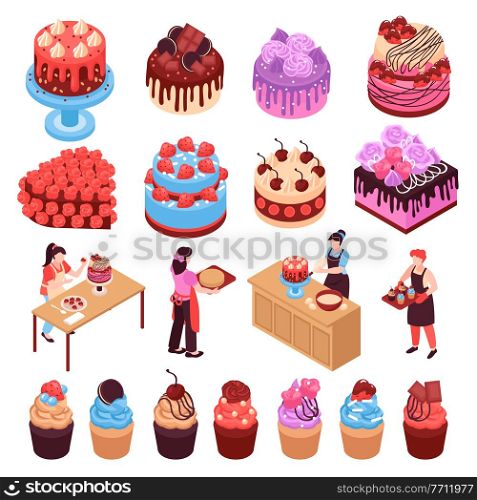 homemade dessert isometric set of cakes muffins cookies decorated with berries and chocolate isolated vector illustration. Homemade Dessert Isometric Set