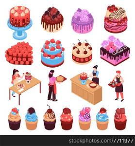 homemade dessert isometric set of cakes muffins cookies decorated with berries and chocolate isolated vector illustration. Homemade Dessert Isometric Set