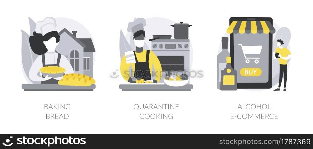 Homemade food and delivery abstract concept vector illustration set. Baking bread, quarantine cooking, alcohol e-commerce, family recipe, baking yeast, online grocery and wine abstract metaphor.. Homemade food and delivery abstract concept vector illustrations.