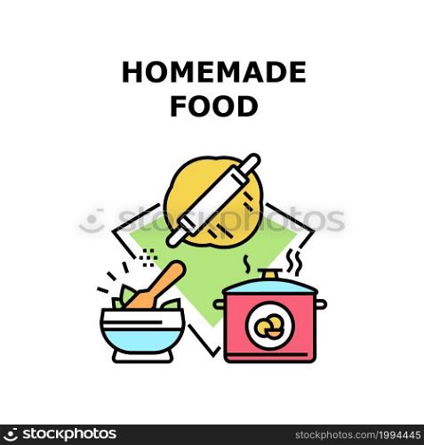 Homemade Food Vector Icon Concept. Preparing Dough With Rolling Pin, Boiling Potato And Cooking Vitamin Salad, Homemade Food Delicious Recipe. Cook Meal From Natural Ingredient Color Illustration. Homemade Food Vector Concept Color Illustration
