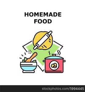 Homemade Food Vector Icon Concept. Preparing Dough With Rolling Pin, Boiling Potato And Cooking Vitamin Salad, Homemade Food Delicious Recipe. Cook Meal From Natural Ingredient Color Illustration. Homemade Food Vector Concept Color Illustration