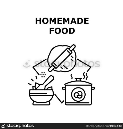 Homemade Food Vector Icon Concept. Preparing Dough With Rolling Pin, Boiling Potato And Cooking Vitamin Salad, Homemade Food Delicious Recipe. Cook Meal From Natural Ingredient Black Illustration. Homemade Food Vector Concept Black Illustration