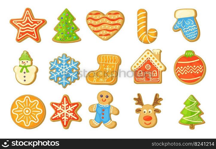 Homemade gingerbread cookies vector illustrations set. Biscuits of different shapes  tree, house, star, sock, reindeer, snowflakes isolated on white background. Winter holidays, food, dessert concept