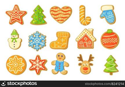 Homemade gingerbread cookies vector illustrations set. Biscuits of different shapes  tree, house, star, sock, reindeer, snowflakes isolated on white background. Winter holidays, food, dessert concept