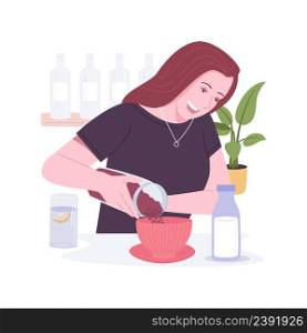 Homemade granola isolated cartoon vector illustrations. Young woman preparing granola with milk, cooking homemade breakfast, home kitchen appliances, healthy lifestyle vector cartoon.. Homemade granola isolated cartoon vector illustrations.
