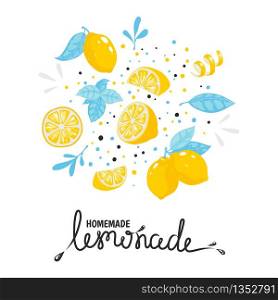 Homemade lemonade hand drawn typography. Summer natural cold cocktail with lemon. Vector handmade drink sketch lemon illustration sticker. Homemade lemonade hand drawn typography. Summer cold cocktail with lemon. Vector sketch lemon illustration