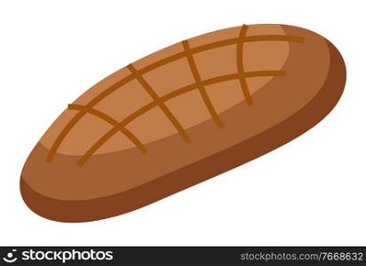 Homemade loaf of rye bread. Isolated icon of brown bread with crust. Product for sale at bakery shop. Tasty nutritional meal in closeup. Fresh baked food with ornament on top. Vector in flat. Loaf of Rye Bread, Whole Piece of Baked Product