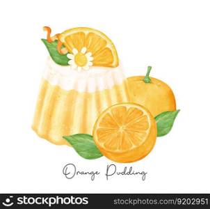 Homemade oragne pudding jelly with fruits composition watercolour illustration vector banner isolated on white background.