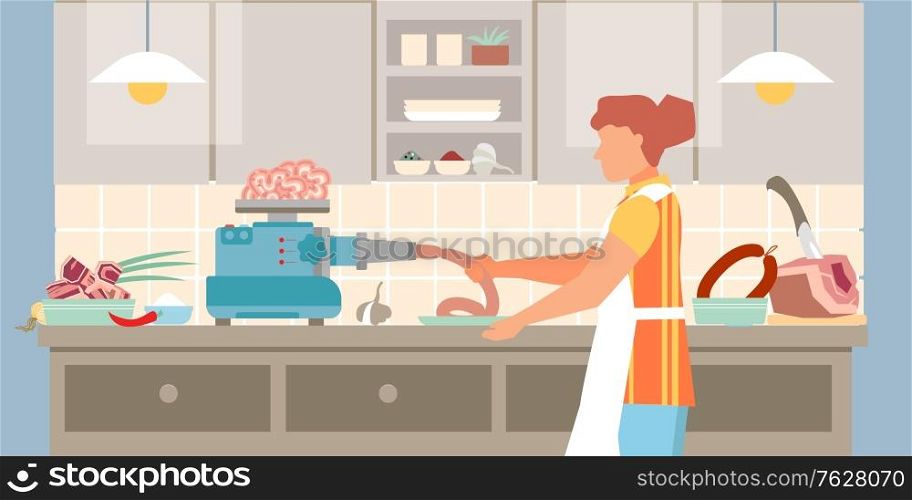 Homemade sausage flat composition with kitchen interior and female character preparing sausages with minced meat machine vector illustration