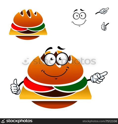 Homemade tasty cheeseburger cartoon character with fresh tomato, cucumber and swiss cheese isolated on white. Cartoon tasty fast food cheeseburger