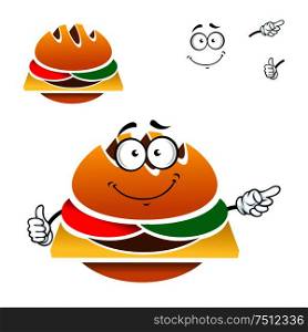 Homemade tasty cheeseburger cartoon character with fresh tomato, cucumber and swiss cheese isolated on white. Cartoon tasty fast food cheeseburger