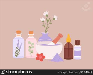 Homeopathy herbal and liquid elements. Mortar and pestle, glass bottles and ceramic vase with flower. Lavender and eucalyptus, alternative medicine vector of homeopathy bottle for health illustration. Homeopathy herbal and liquid elements. Mortar and pestle, glass bottles and ceramic vase with flower. Lavender and eucalyptus, alternative medicine vector concept