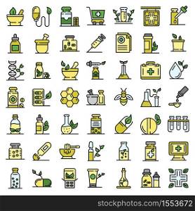 Homeopathy icons set. Outline set of homeopathy vector icons thin line color flat on white. Homeopathy icons set vector flat