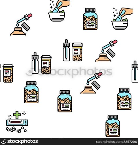 Homeopathy Medicine Collection Icons Set Vector. Medicaments And Vitamins Prepared From Natural Bio Plant, Homeopathy Pills And Drug Container Black Contour Illustrations. Homeopathy Medicine Collection Icons Set Vector