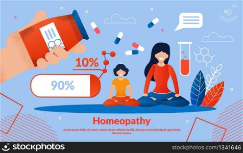 Homeopathy Medicines, Alternative Medicine Treatments Trendy Flat Vector Vector Banner, Poster Template. Happy Woman with Daughter Sitting in Lotus Pose and Meditating, Homeopathic Pills Illustration