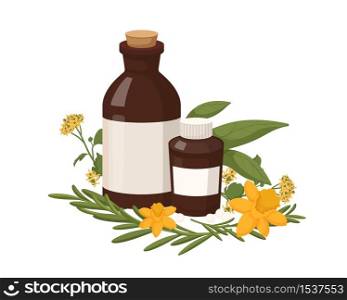 Homeopathy natural medicine. Healthy organic treatment two brown bottles with oil extracts herbs homeopathic natural flat healing from diseases power vector colored healing plants naturopathy.. Homeopathy natural medicine. Healthy organic treatment two brown bottles with oil extracts herbs.