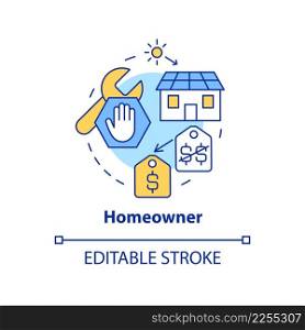 Homeowner concept icon. Lower price of energy. Power purchase agreements abstract idea thin line illustration. Isolated outline drawing. Editable stroke. Arial, Myriad Pro-Bold fonts used. Homeowner concept icon