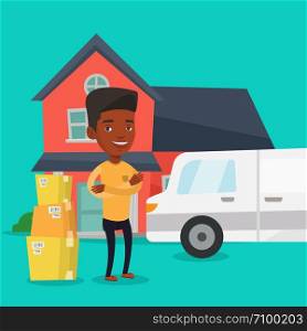 Homeowner standing in front of new home. African homeowner unloading cardboard boxes. Homeowner unpacking removal truck. Man moving to a new house. Vector flat design illustration. Square layout.. Man moving to house vector illustration.