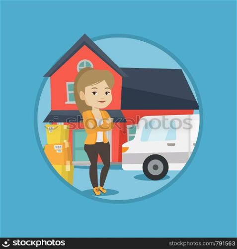 Homeowner standing in front of new home. New homeowner moving to a house. Young caucasian homeowner unloading cardboard boxes. Vector flat design illustration in the circle isolated on background.. Woman moving to house vector illustration.