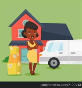 Homeowner standing in front of new home. Woman moving to a new house. African homeowner unloading cardboard boxes. Homeowner unpacking removal truck. Vector flat design illustration. Square layout.. Woman moving to house vector illustration.
