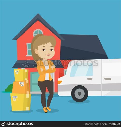 Homeowner standing in front of new home. Woman moving to a new house. Caucasian homeowner unloading cardboard boxes. Homeowner unpacking removal truck. Vector flat design illustration. Square layout.. Woman moving to house vector illustration.
