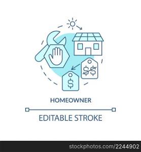 Homeowner turquoise concept icon. Lower price of energy. Power purchase agreements abstract idea thin line illustration. Isolated outline drawing. Editable stroke. Arial, Myriad Pro-Bold fonts used. Homeowner turquoise concept icon