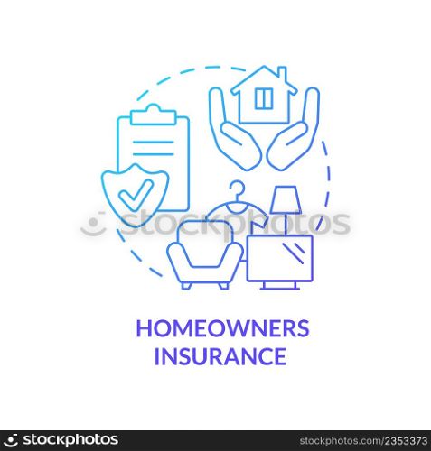 Homeowners insurance blue gradient concept icon. House protection. Type of property financial protection abstract idea thin line illustration. Isolated outline drawing. Myriad Pro-Bold font used. Homeowners insurance blue gradient concept icon
