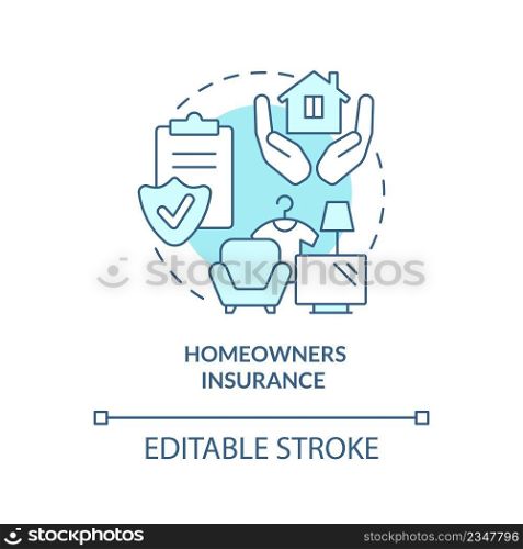 Homeowners insurance turquoise concept icon. Type of property financial protection abstract idea thin line illustration. Isolated outline drawing. Editable stroke. Arial, Myriad Pro-Bold fonts used. Homeowners insurance turquoise concept icon