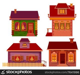 Homes of people in winter vector, isolated set of buildings. Houses designs, estate with pine tree decorated inside. Exterior of chalet with chimney and wide windows. Architecture of city of village. Set of Homes Made of Brick or Wooden Material