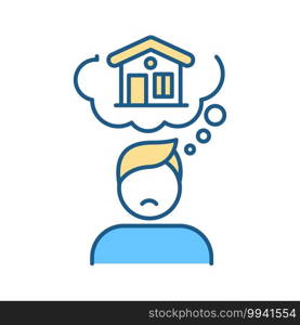 Homesickness RGB color icon. Thinking of home. Thought and dream of family. Sentimental attachment. Homesick student. Feeling of loneliness. Freshman mental health. Isolated vector illustration. Homesickness RGB color icon