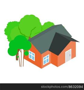 Homestead icon isometric vector. New one storey house with deciduous green tree. Orange residential building, farm house, country cottage. Homestead icon isometric vector. New one storey house with deciduous green tree