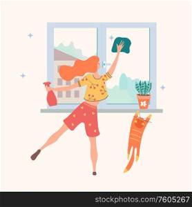 Homework. Cute girl washes the window. There is a flower pot on the windowsill. A red cat tries to climb on the windowsill. Vector illustration.. House cleaning. Vector illustration on a light background. The girl washes the window. Red cat climbs on the windowsill.