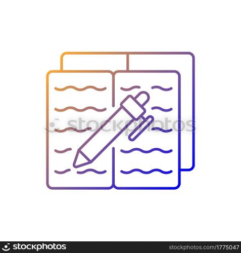 Homework gradient linear vector icon. Textbook with text and pen for writing. Notebook with school report. Thin line color symbols. Modern style pictogram. Vector isolated outline drawing. Homework gradient linear vector icon