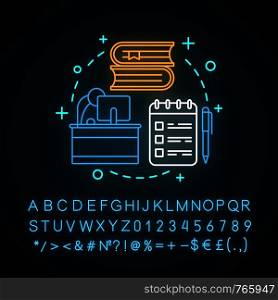 Homework neon light concept icon. Studying process idea. Information searching. Tasks solving. Glowing sign with alphabet, numbers and symbols. Vector isolated illustration. Homework neon light concept icon