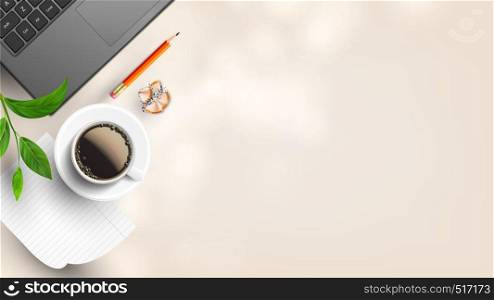 Homey Workplace With Supplies Flat Lay Vector. Laptop Near Branch, Cup Hot Coffee On List Of Paper, Pencil With Eraser And Sharpening Shavings On Workplace. Copy Space Top View Illustration. Homey Workplace With Supplies Flat Lay Vector