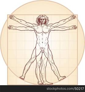 Homo vitruviano. So-called The Vitruvian man a.k.a. Leonardo's man. Detailed drawing on the basis of artwork by Leonardo da Vinci, executed him c. 1490 (in 1487 or 1490 or 1492) by ancient manuscript of Roman master Marcus Vitruvius Pollio.. The Vitruvian man (Homo vitruviano)